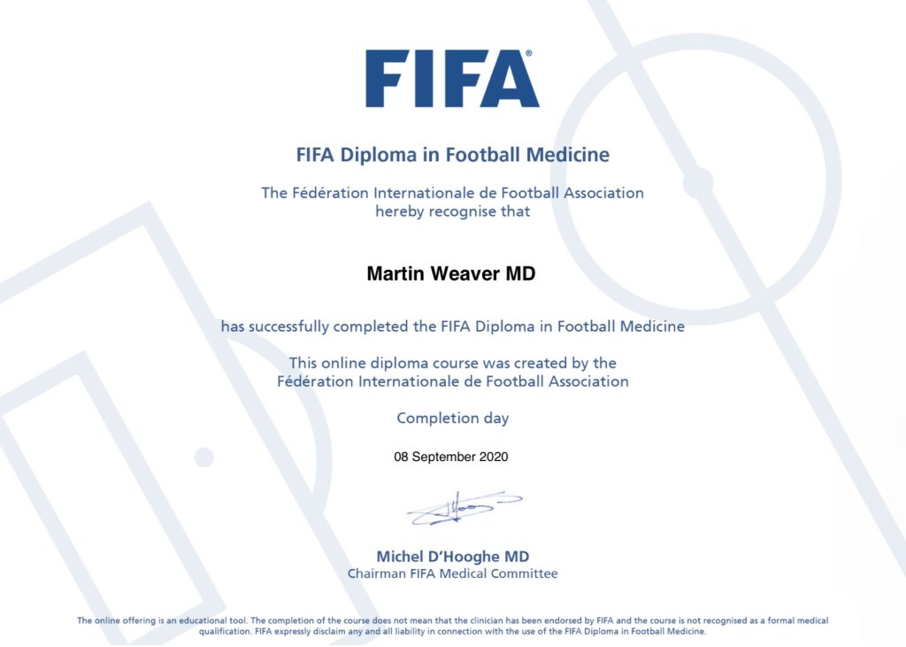 Dr. Weaver's Diploma in Football Medicine from FIFA